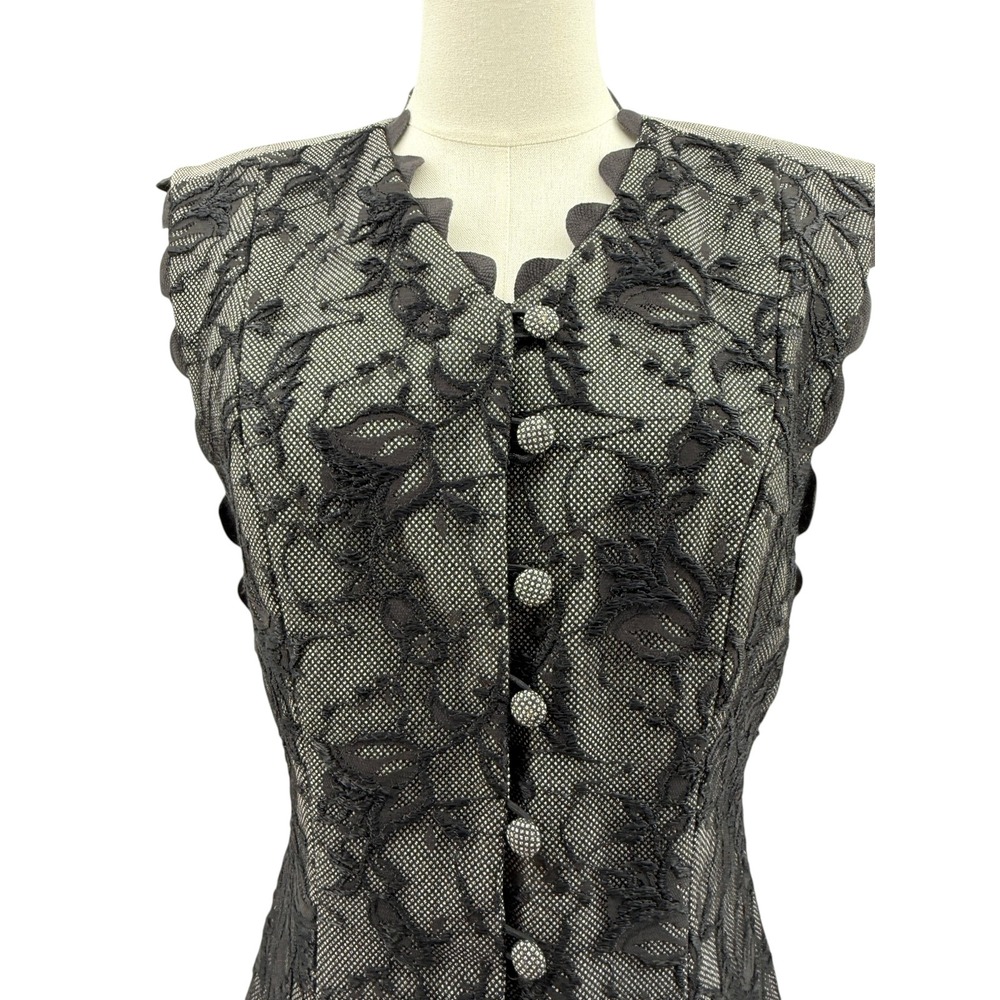 Vintage Jan Barboglio Women Vest Lace Overlay Black White Scalloped Top Size 10 - Picture 3 of 10